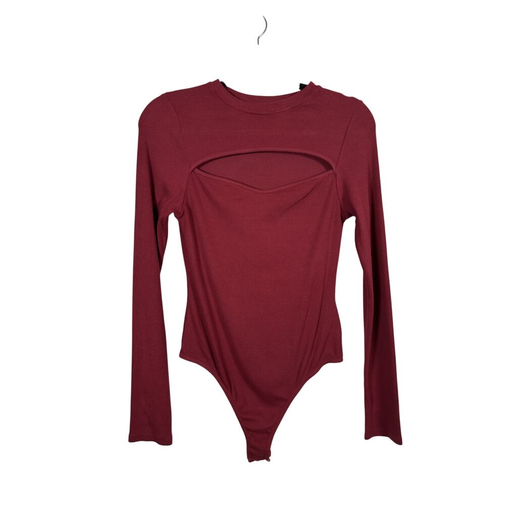 Hudson Cutout Bodysuit Womens Medium Red Syrah Burgundy Ribbed Long Sleeve